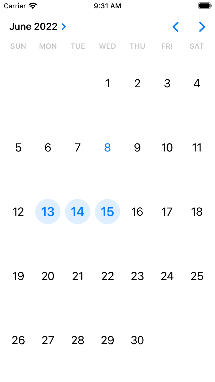 A UICalendarView running on an iPhone simulator.