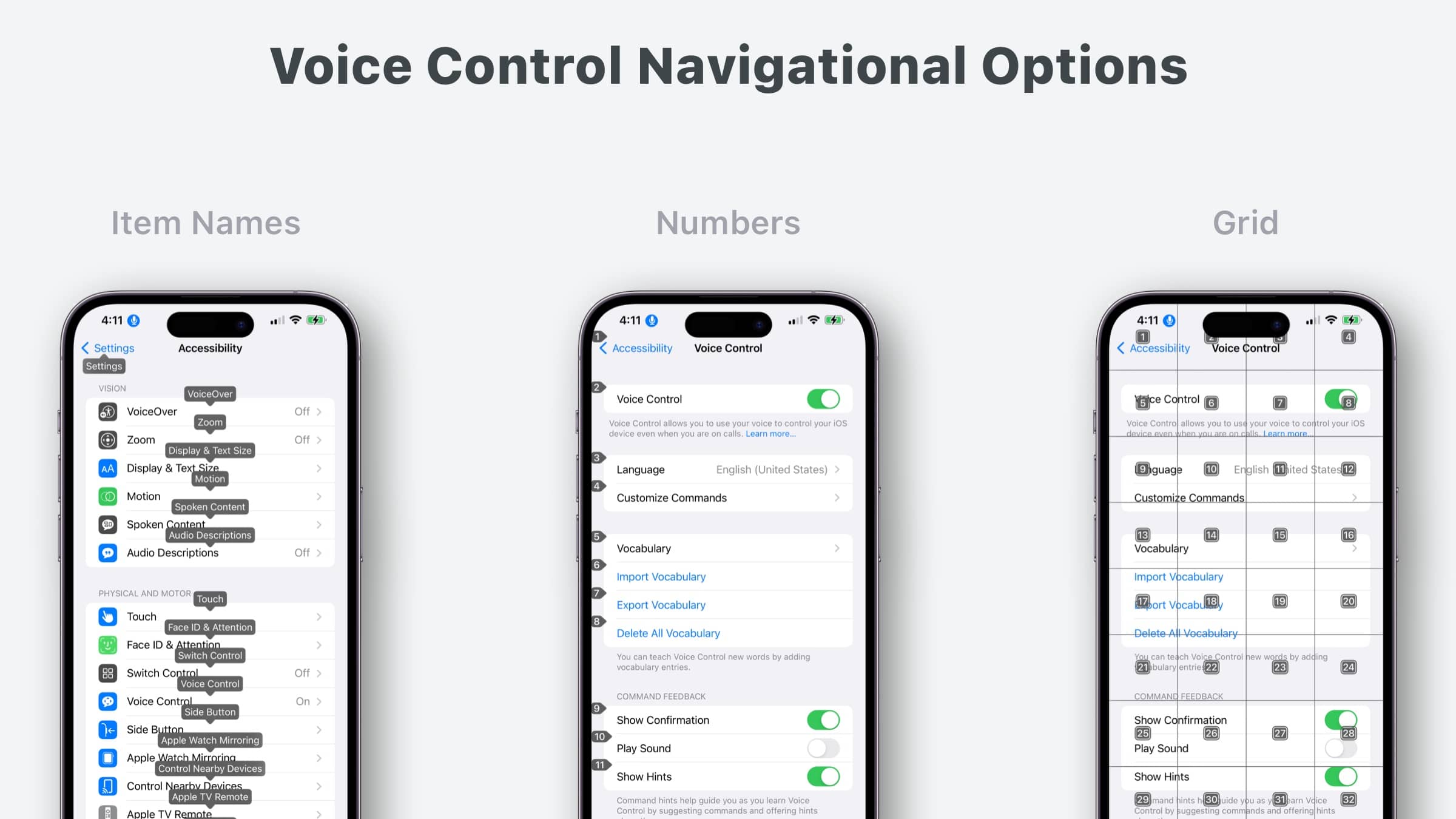 Voice Control's three primary display modes; item names, numbers and grid.