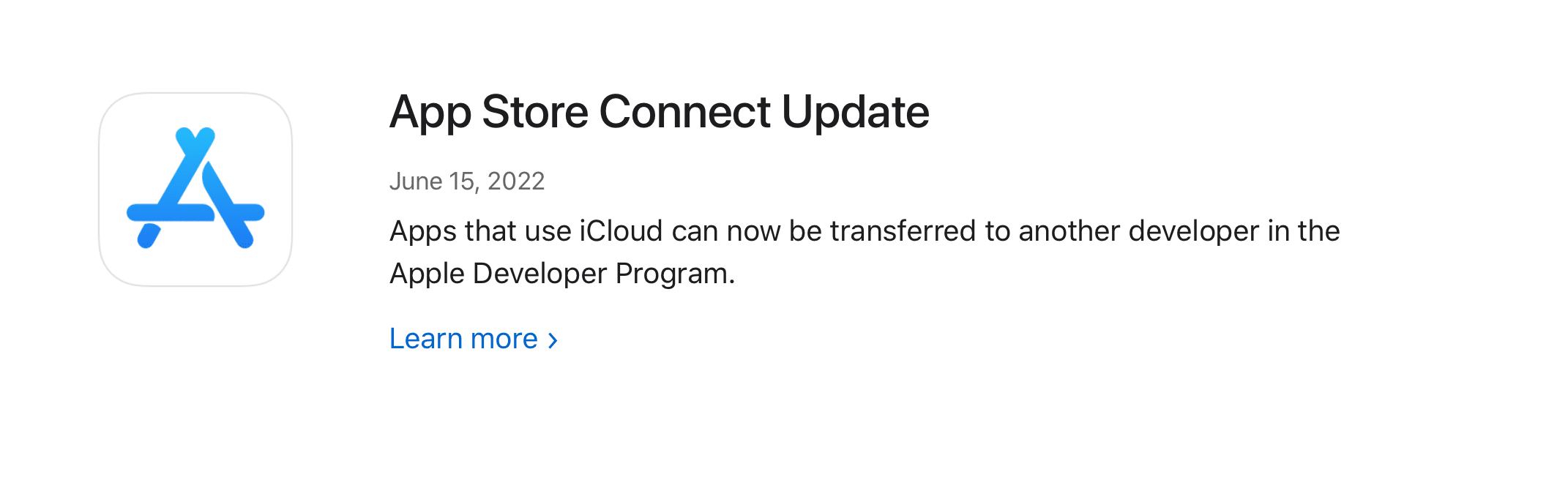 An official announcement from Apple mentioning that apps which use iCloud can now be transferred.