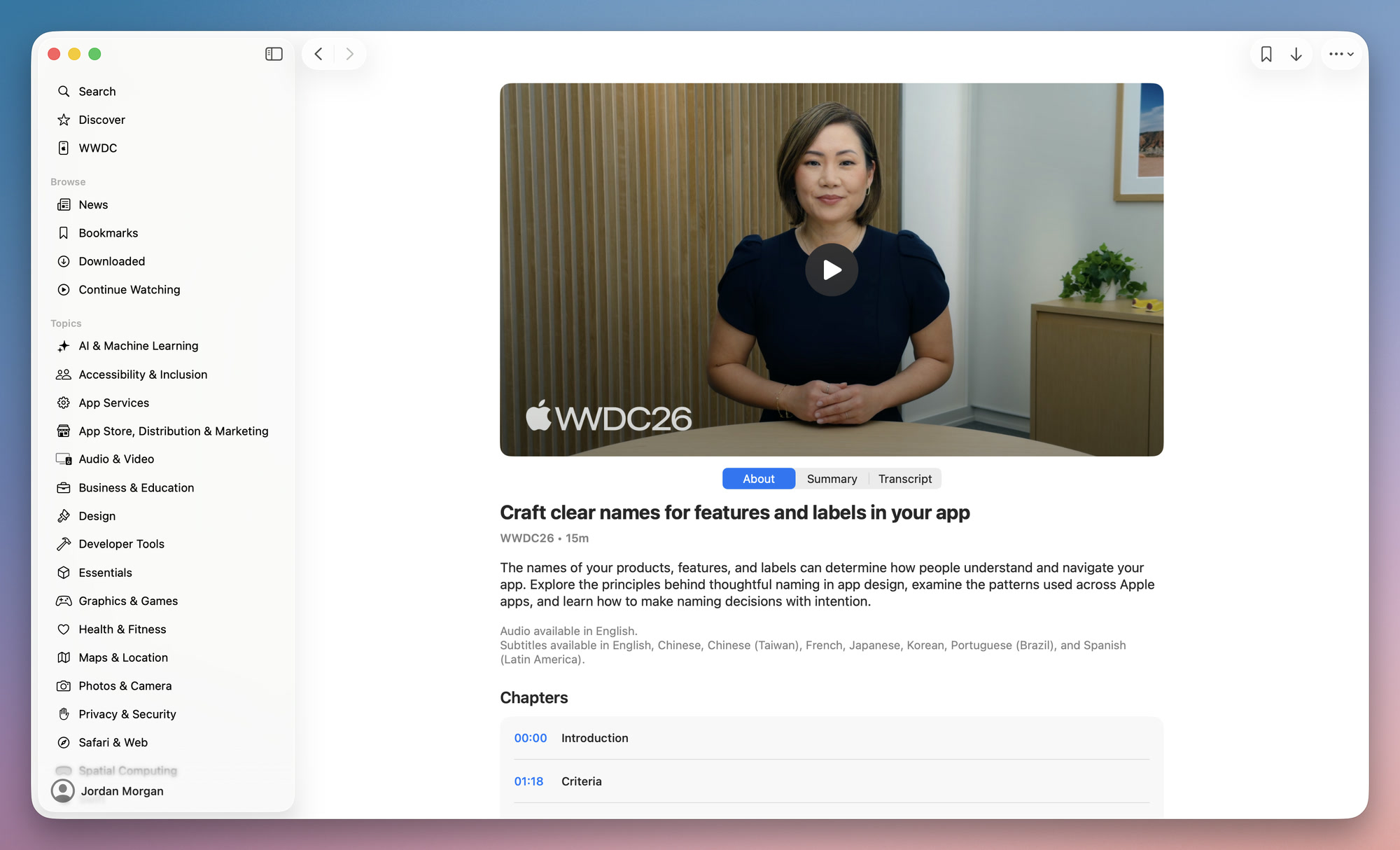 Apple Developer app showing the WWDC26 session Craft clear names for features and labels in your app.