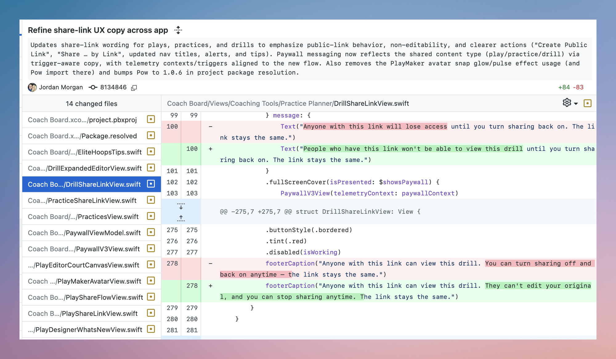 A code diff showing clearer share-link copy proposed across an app.