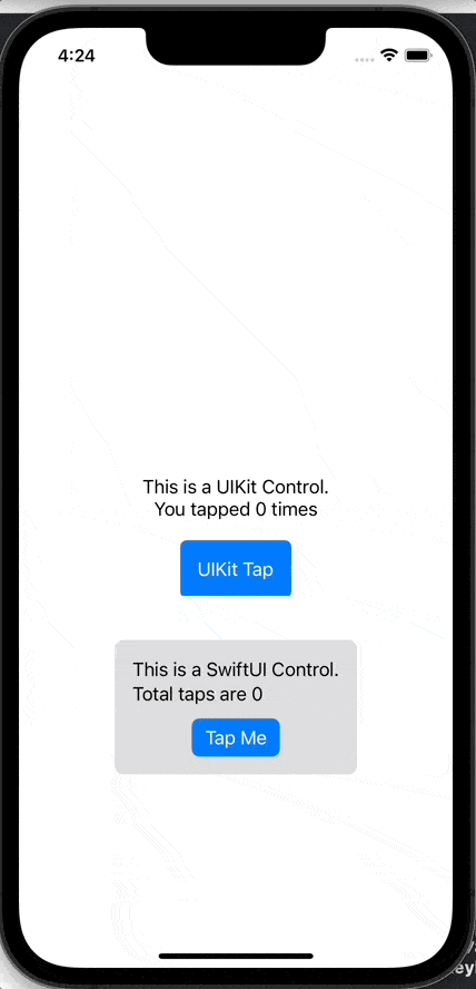 Tapping a button from SwiftUI increments a label in UIKit and vice-versa.