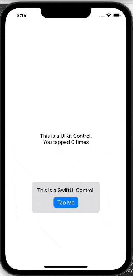 Tapping a button from SwiftUI increments a label in UIKit.