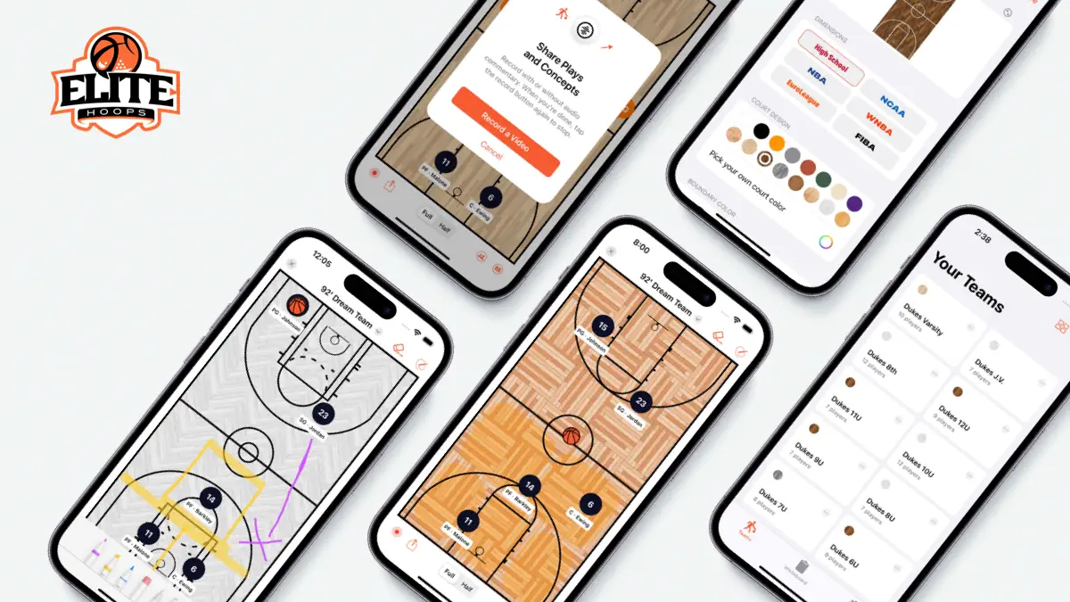 Elite Hoops marketing banner with several iPhones running the app.