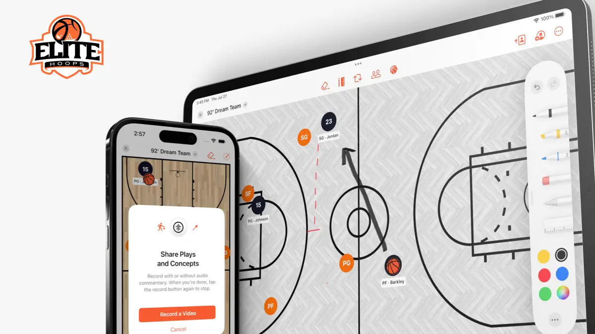 Elite Hoops marketing banner with an iPhone and iPad running the app.