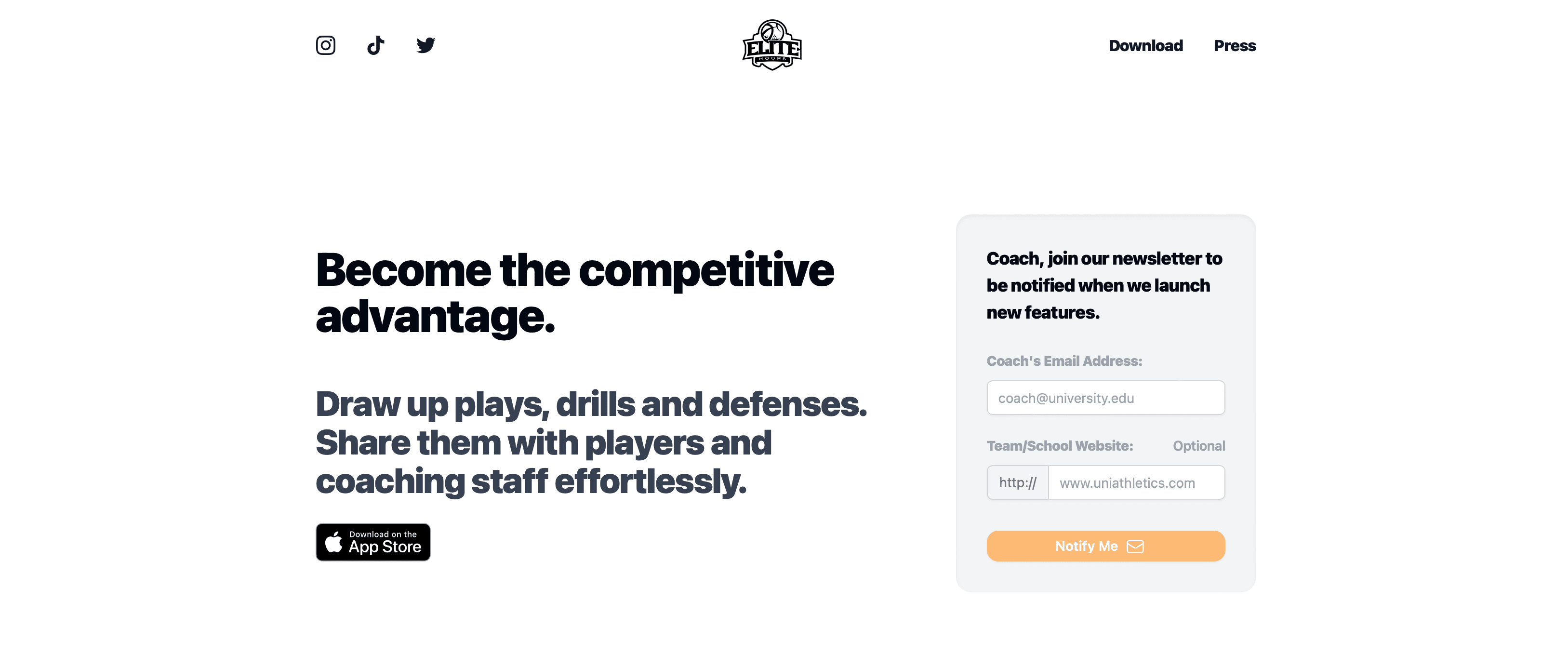 A screenshot of Elite Hoops homepage and its cta.
