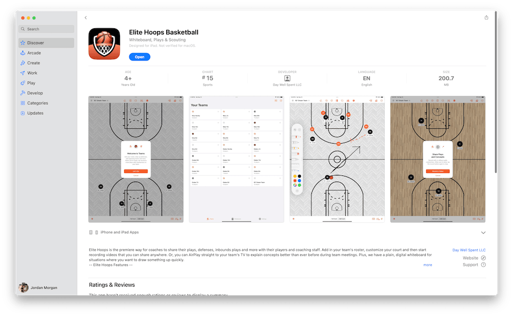 A screenshot of the Mac App Store and Elite Hoops in it charting.