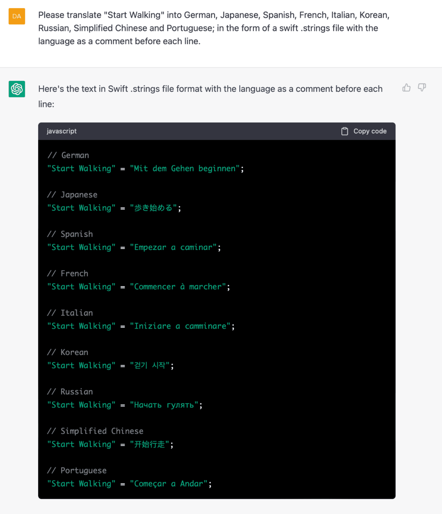 ChatGPT producing a localized strings file.