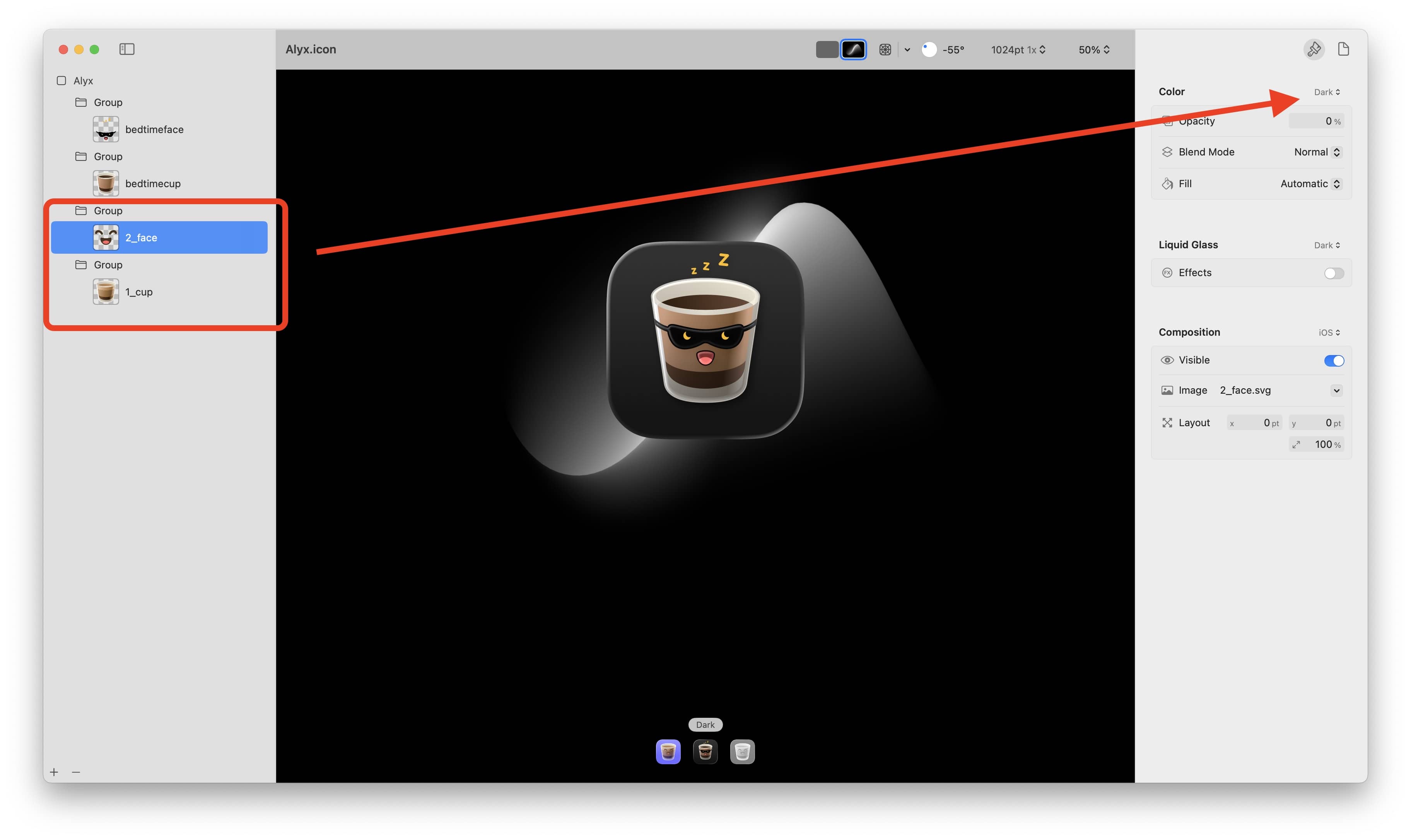 Setting opacity to 0 percent in dark mode in Icon Composer.
