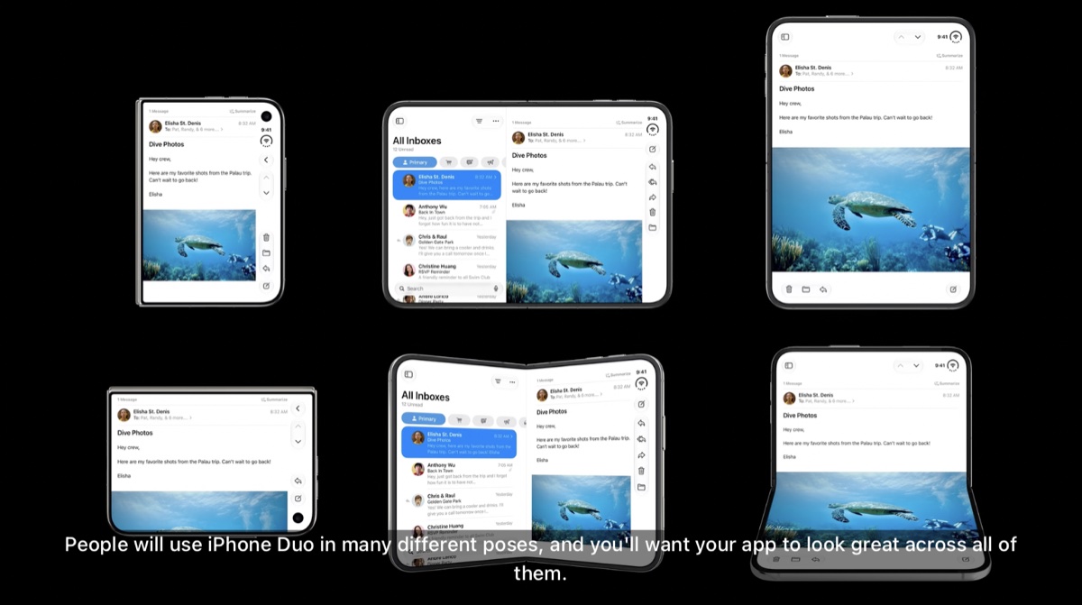 Mail adapting to six iPhone Duo layouts, including closed, open, landscape, portrait, and partially folded poses.