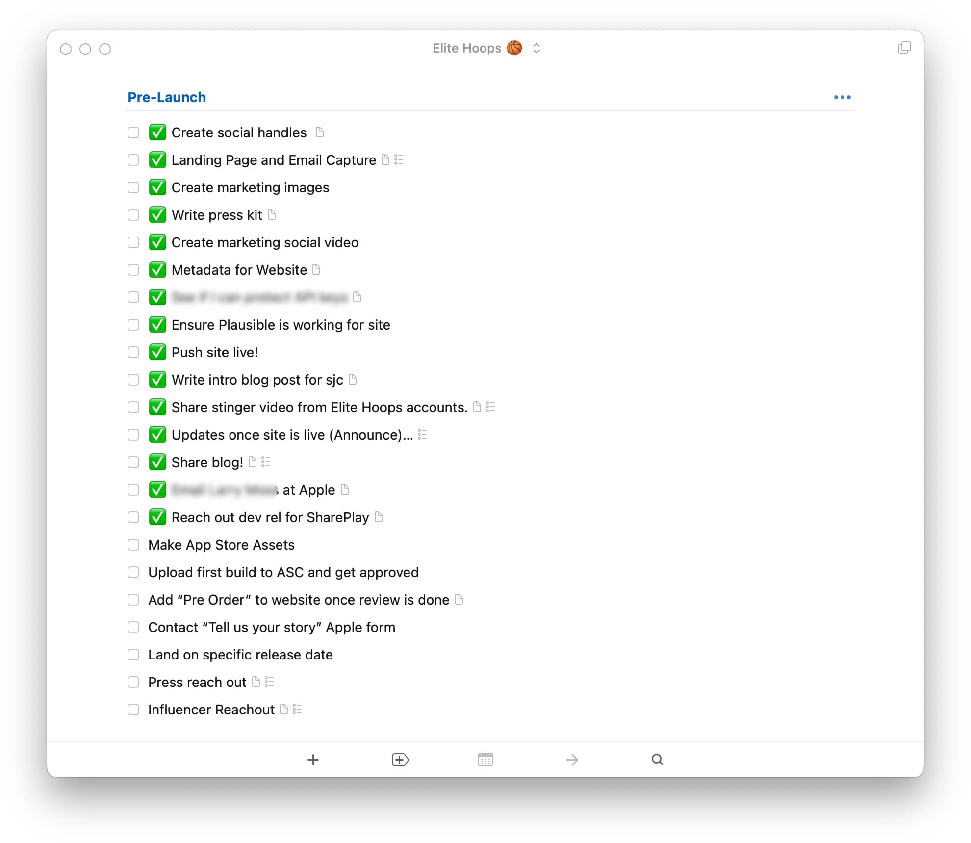 A screenshot of Things 3, listing out tasks to complete a pre launch of Elite Hoops.