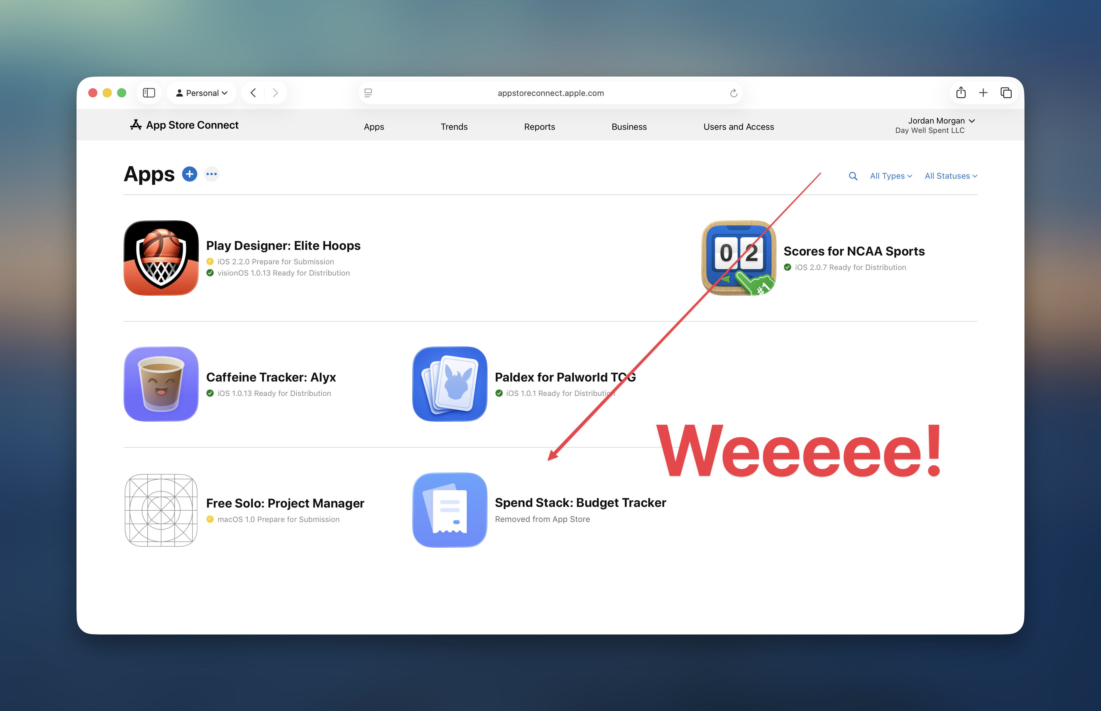 Spend Stack restored to Jordan's App Store Connect account.