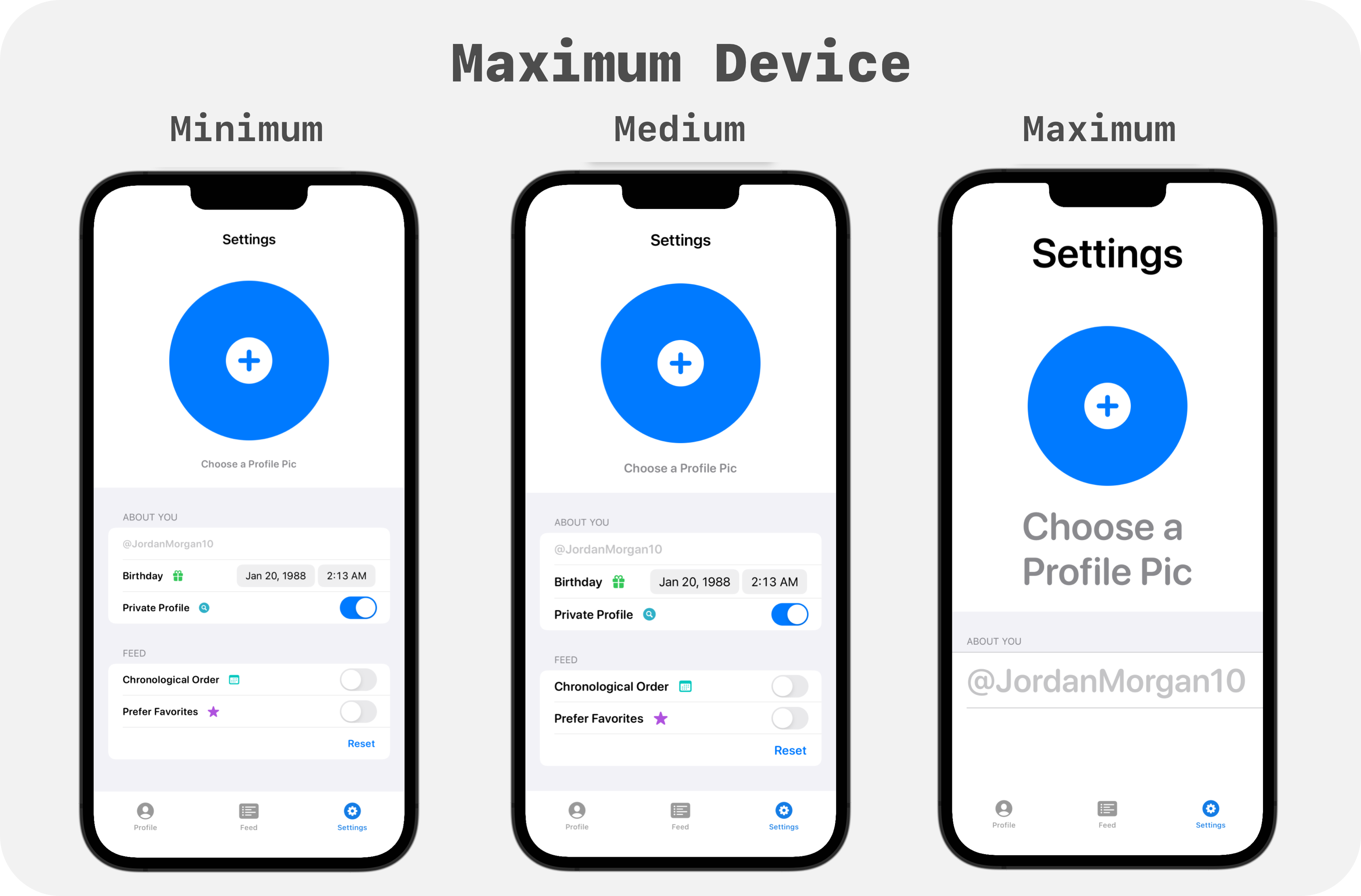 The design of a sign up form running on an iPhone 13 Pro Max with three different Dynamic Type settings being used. One small, medium and very large.
