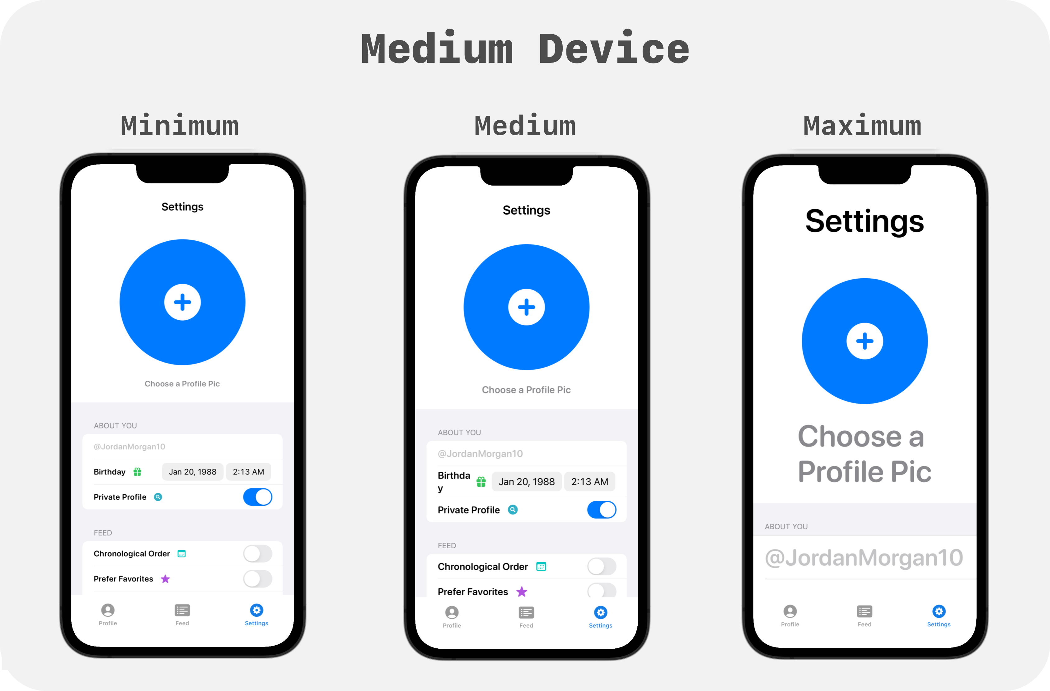 The design of a sign up form running on an iPhone 13 with three different Dynamic Type settings being used. One small, medium and very large.