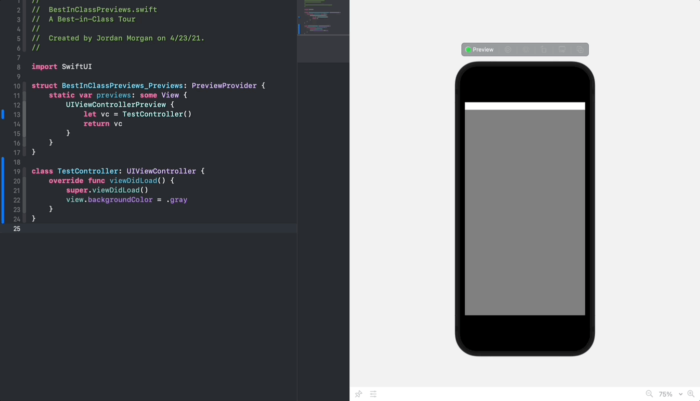 Xcode previews running UIKit code.