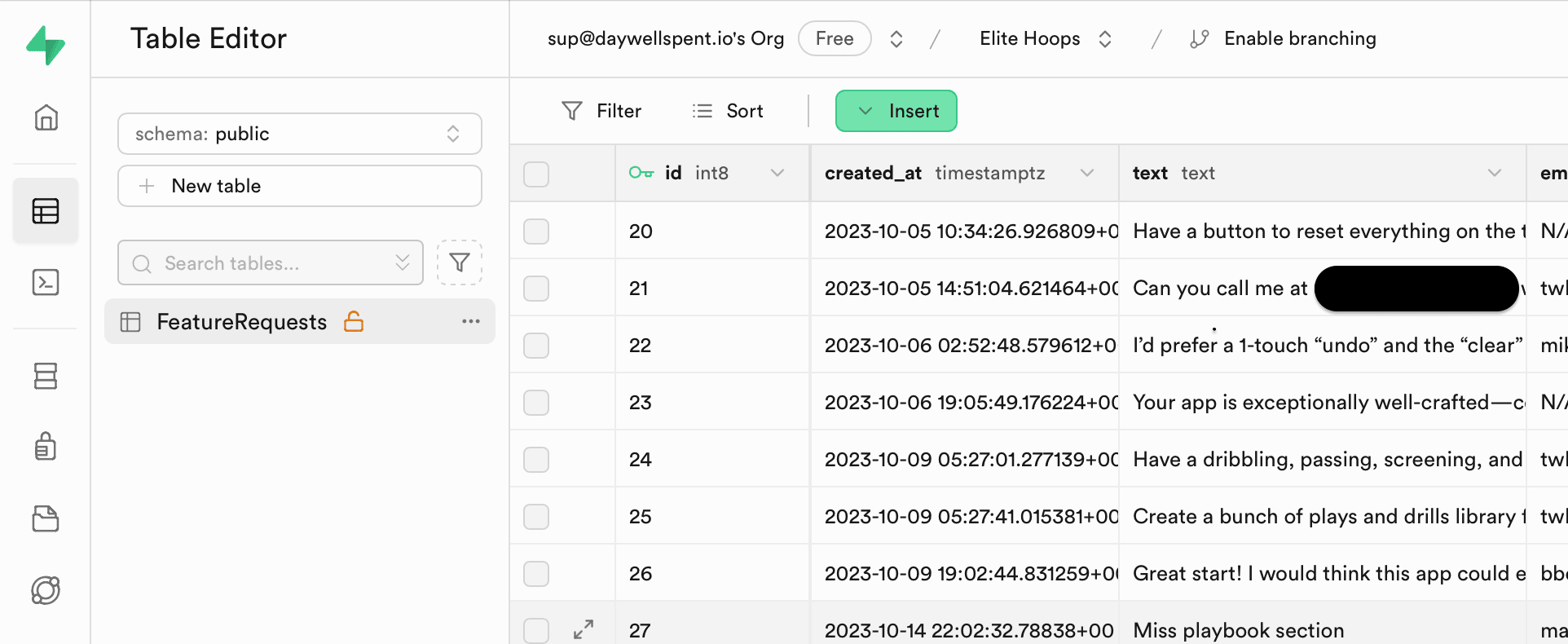 Supabase dashboard with feedback